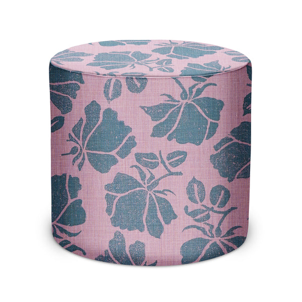 Indoor fabric pouf with floral pattern, purple and blue, round cylindrical design