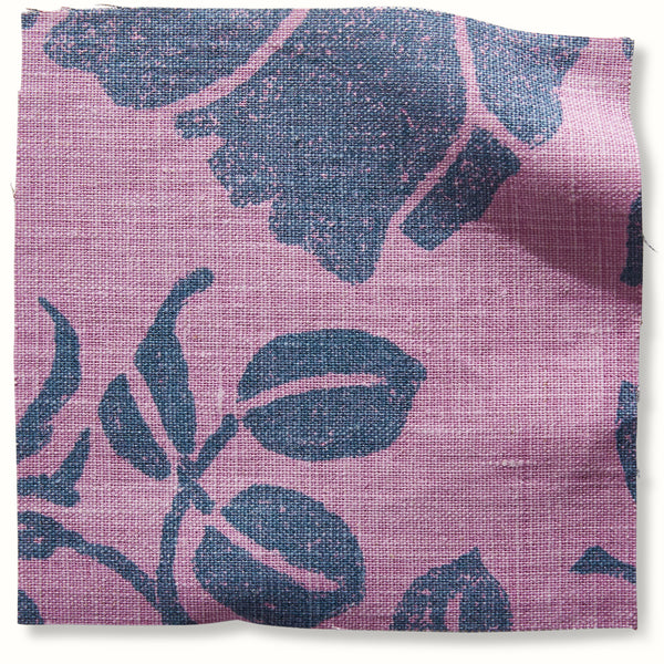 Emilia pillow cover fabric with pink base and dark blue botanical pattern