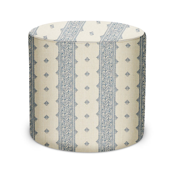 Indoor pouf stool with rounded top, blue and natural geometric patterned upholstery