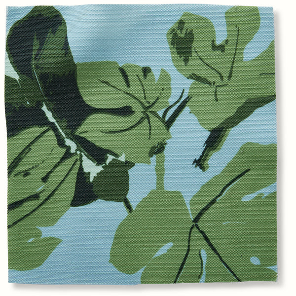 Fig leaf outdoor pillow cover, blue with green botanical leaf pattern