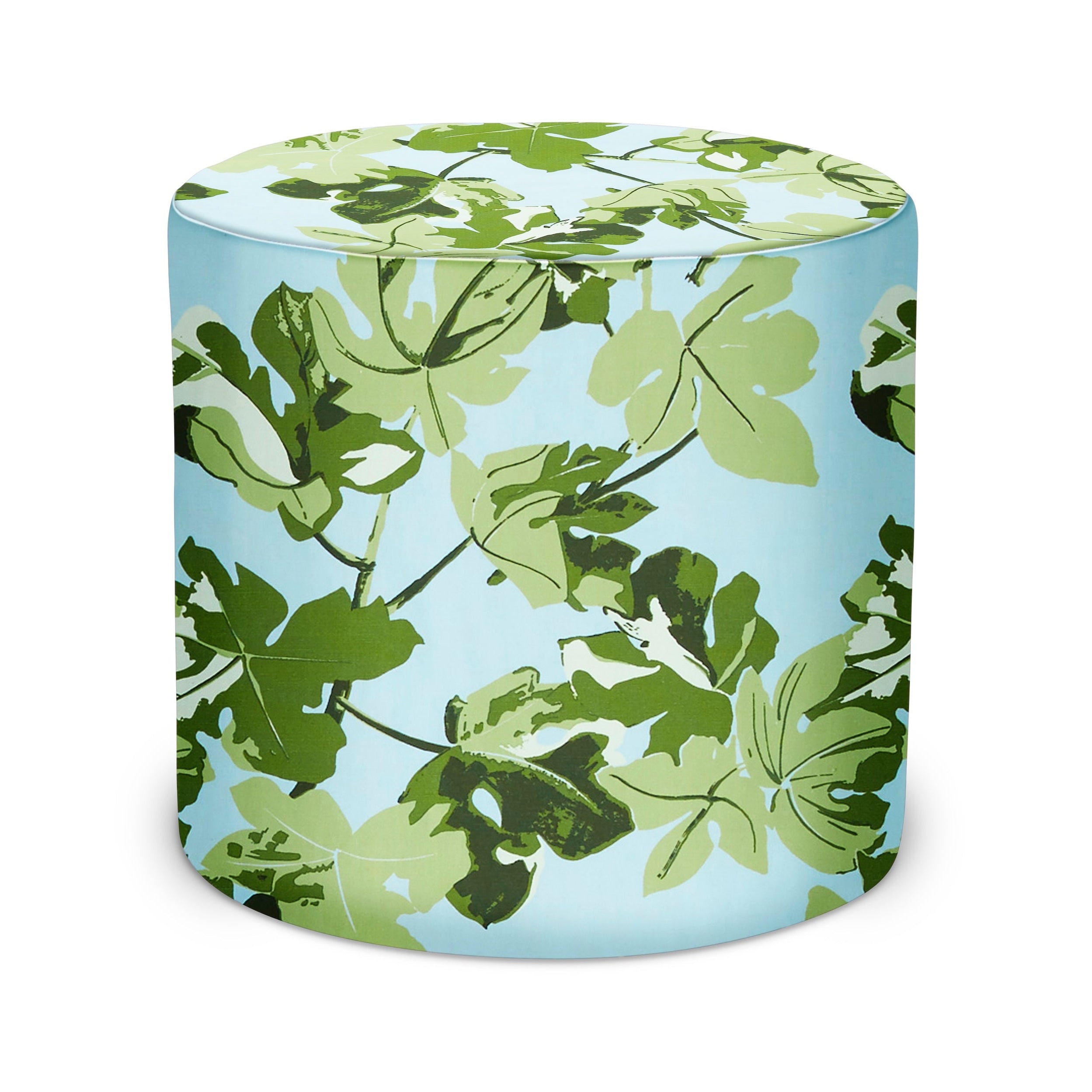 Indoor Pouf in Peter Dunham Textiles Fig Leaf in Original on Blue