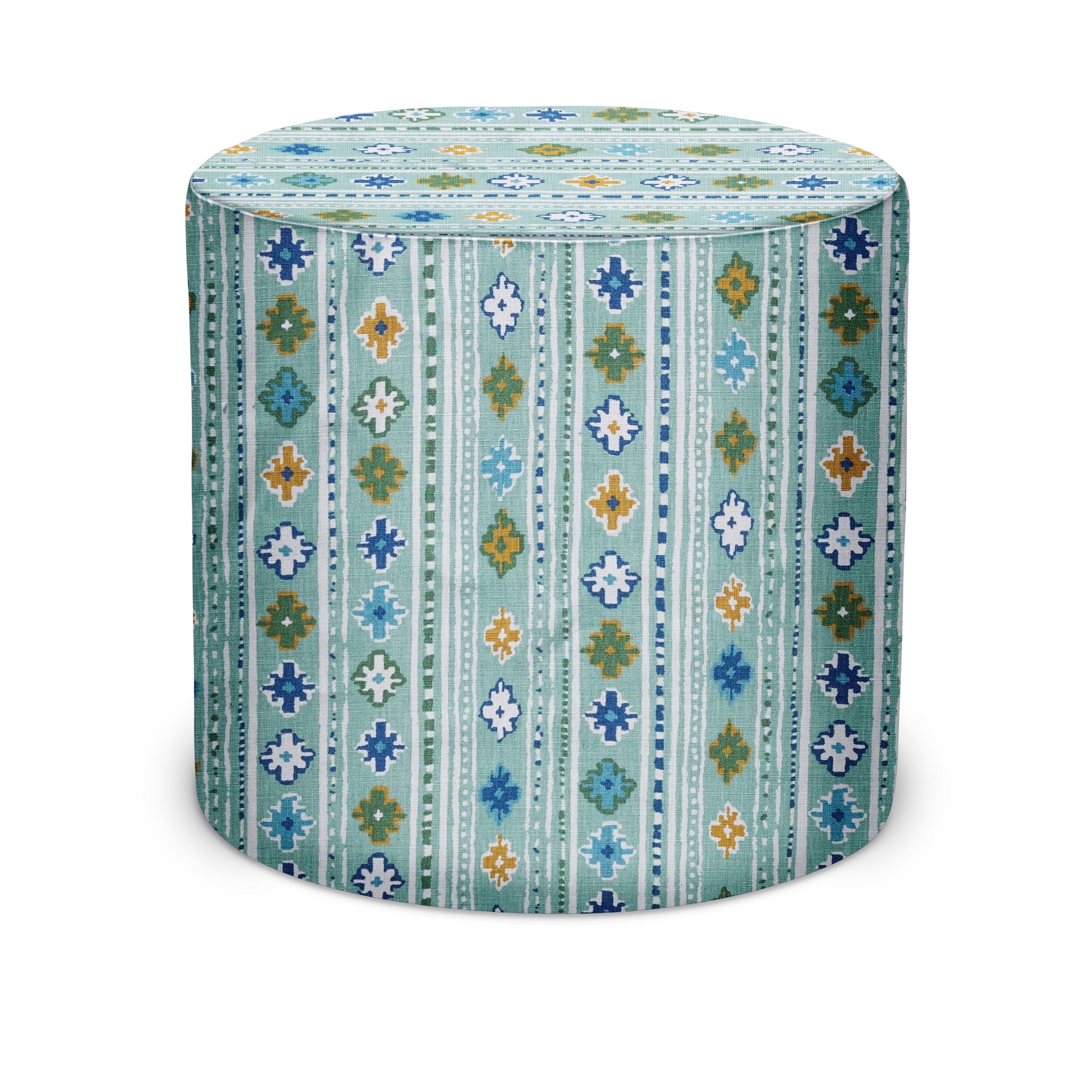 Indoor Pouf in Peter Dunham Textiles Gita in Indigo/Olive on Green