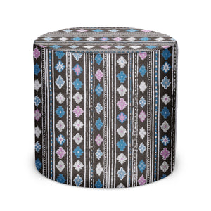 Indoor Pouf in Peter Dunham Textiles Gita in Blue/Pink on Chocolate