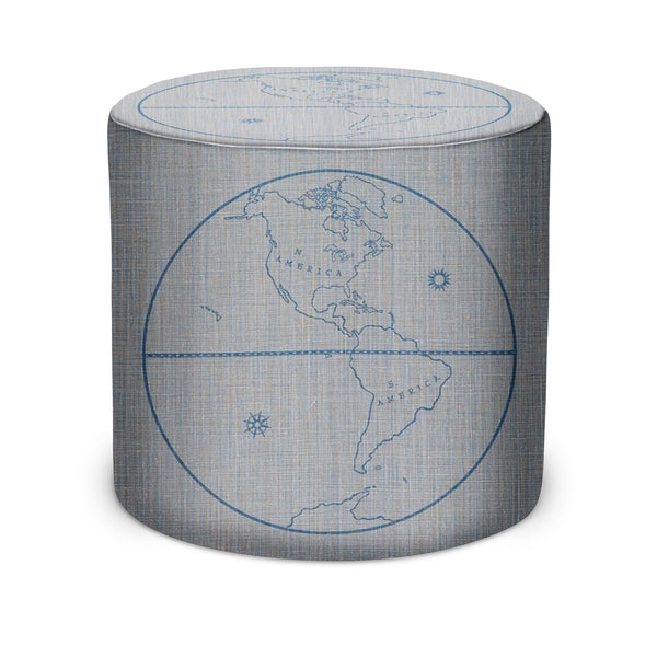 Mist blue globe-print indoor pouf with round fabric top and cylindrical sides