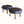 Two round ottomans at an angle, dark leather tops with floral center and wooden feet