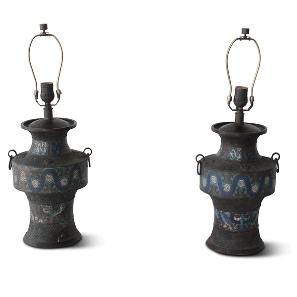 Vintage Pair of Japanese Bronze Cloissone Table Lamps, 1940s
