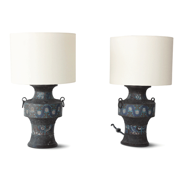 Vintage Pair of Japanese Bronze Cloissone Table Lamps, 1940s