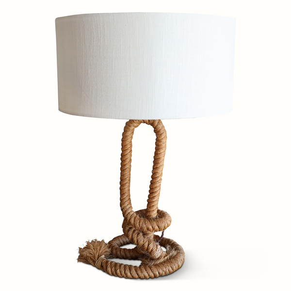 Rope table lamp with off-white fabric shade and twisted rope base
