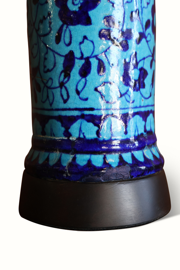 Blue Persian pottery lamp base with dark stepped foot and glossy blue glaze