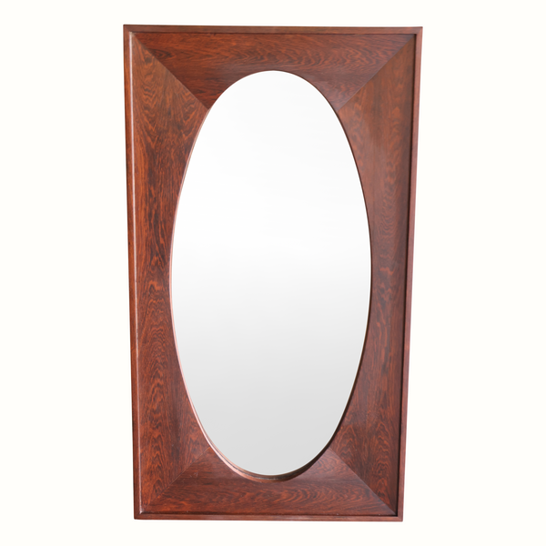 Italian rosewood mirror featuring an oval glass panel in a dark wood frame