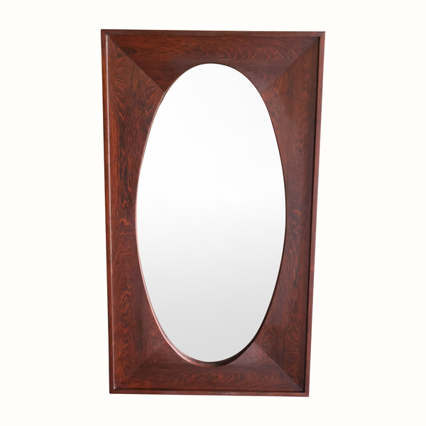 Italian rosewood wall mirror with oval reflective glass and reddish-brown frame