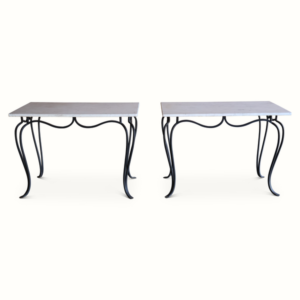 Pair of French-style wrought iron and marble tables with curved black legs