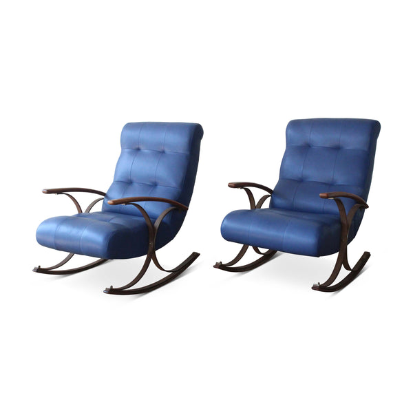 Vintage Pair of Blue Leather Rocking Chairs, France, 1950s