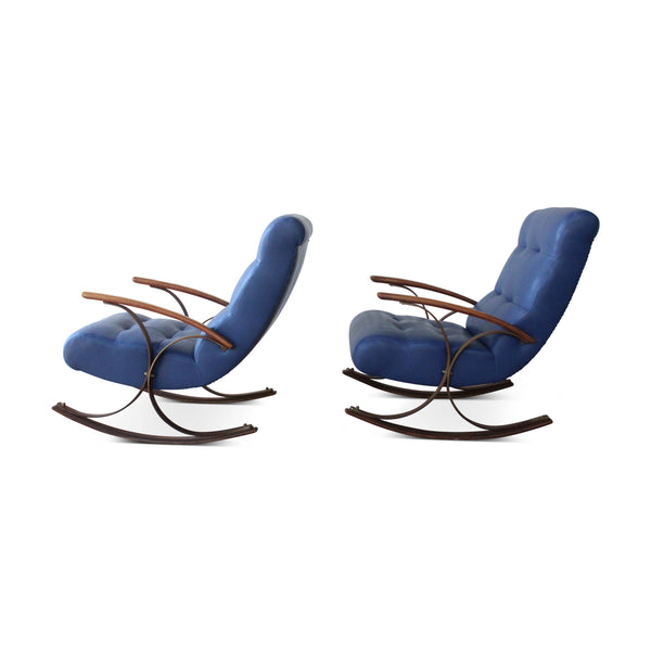 Vintage Pair of Blue Leather Rocking Chairs, France, 1950s