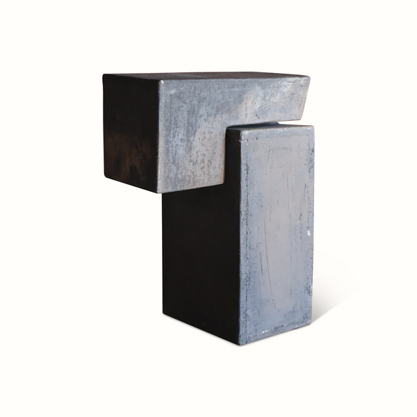 Ceramic two-piece sculpture with dark and pale blue geometric block design
