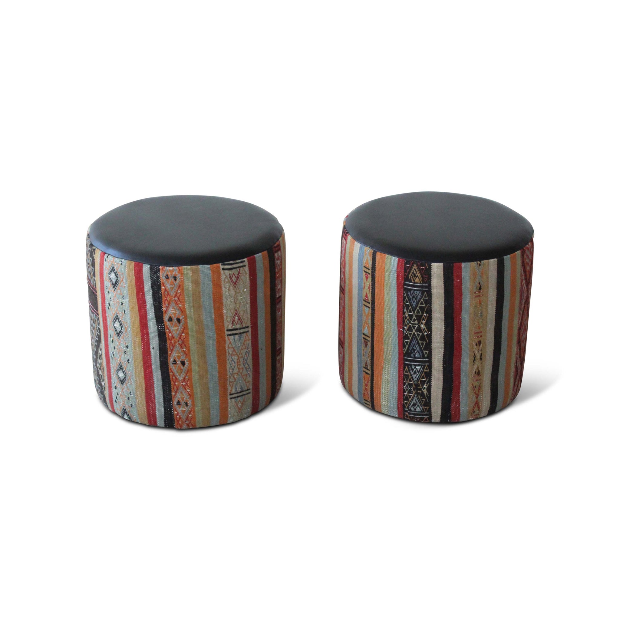Vintage Pair of Moroccan Kilim and Leather Upholstered Poufs