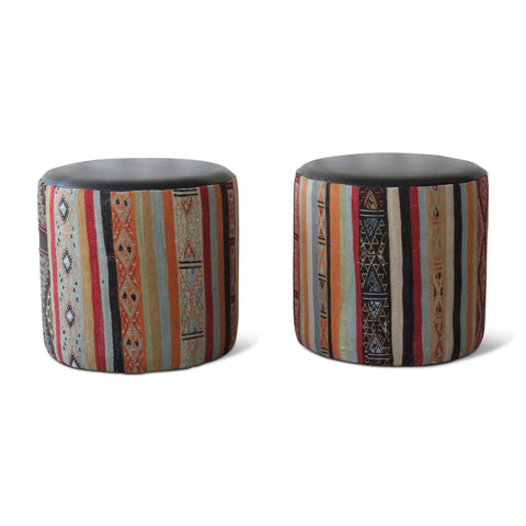 Vintage Pair of Moroccan Kilim and Leather Upholstered Poufs
