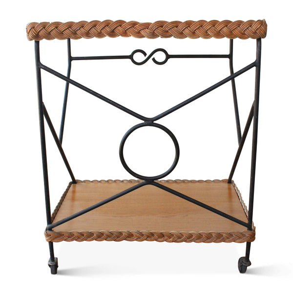 Vintage Wicker and Iron Bar Cart, France, 1950s