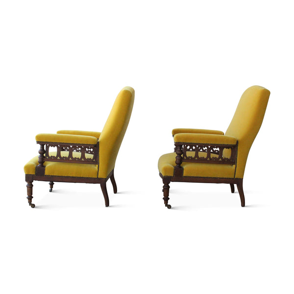 Vintage Pair of Antique Armchairs in Yellow Mohair, France, Late 19th Century