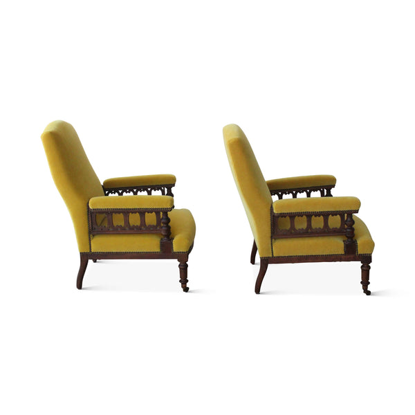 Vintage Pair of Antique Armchairs in Yellow Mohair, France, Late 19th Century