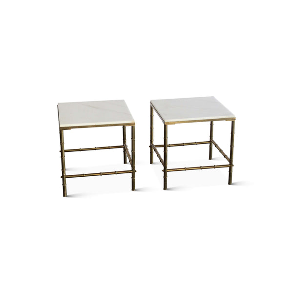 Vintage Pair of Brass and Marble Bamboo Motif Side Tables