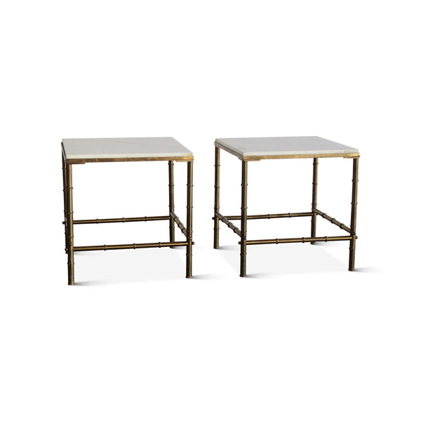 Vintage Pair of Brass and Marble Bamboo Motif Side Tables
