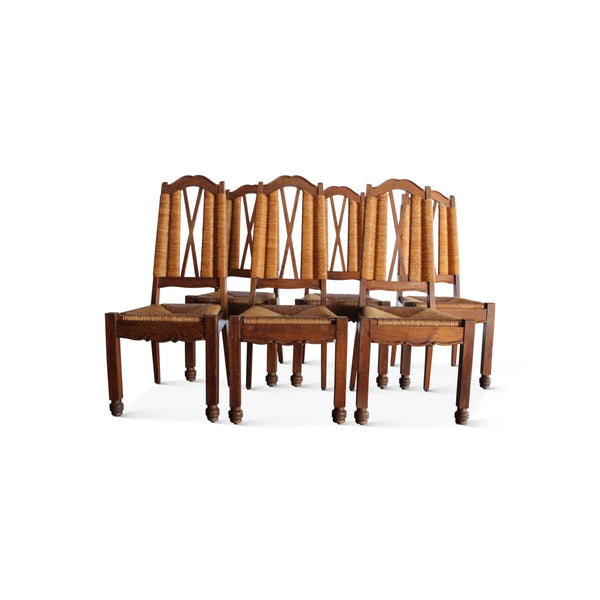 Set of Six Oak and Rush Dining Chairs by Maxime Old, France, 1940s