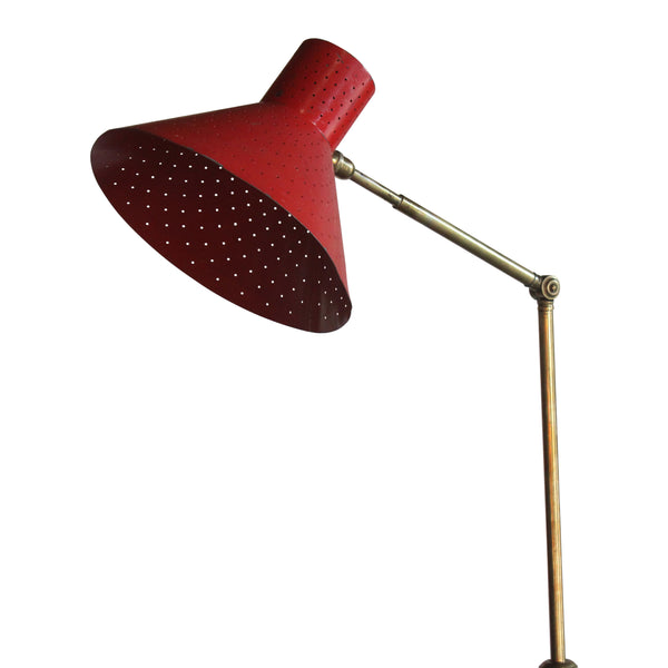 Brass Floor Lamp with Red Metal Shade, France, 1950s