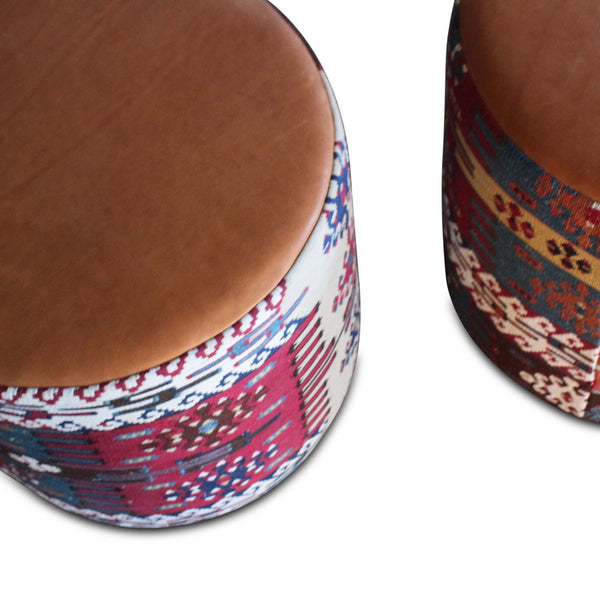 Close-up of tan leather-look top and kilim side pattern on round pouf