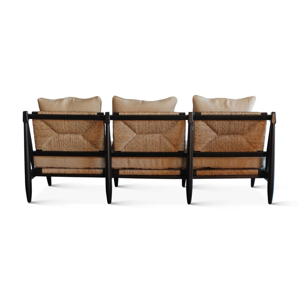 Vintage Rush Sofa with Linen Cushions, France, 1950s. Pair Available.