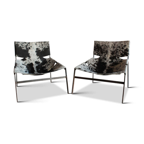 Pair of Rare Prototype Iron and Cowhide Sling Chairs by Pierre Paulin