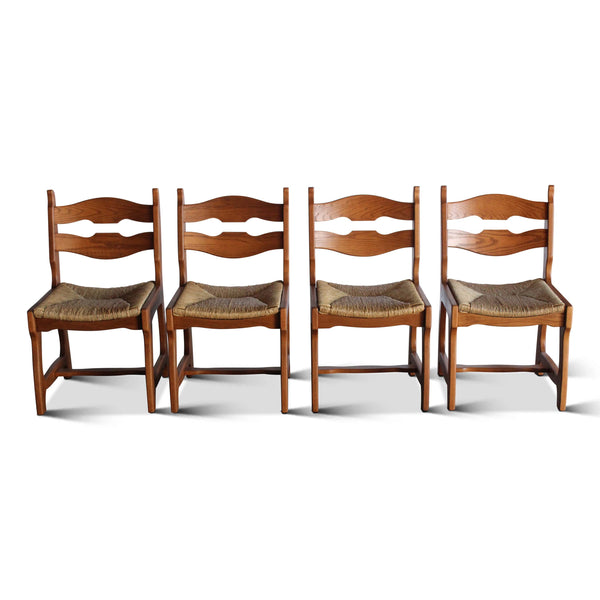 Set of Four Oak and Rush Dining Chairs Attributed to Guillereme et Chambron