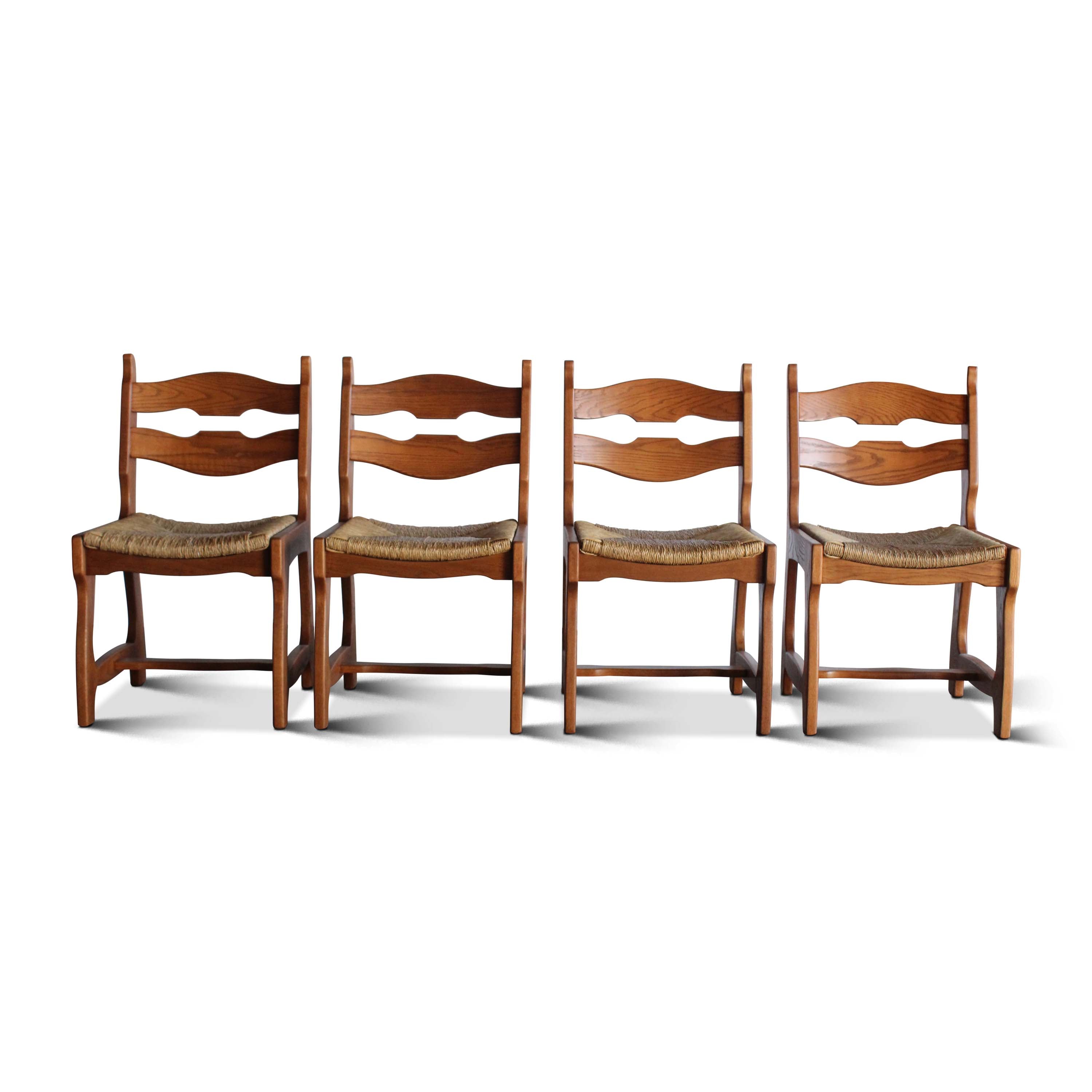 Set of Four Oak and Rush Dining Chairs Attributed to Guillereme et Chambron