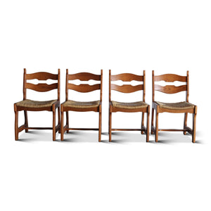 Set of Four Oak and Rush Dining Chairs Attributed to Guillereme et Chambon
