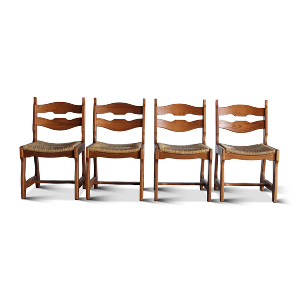 Set of Four Oak and Rush Dining Chairs Attributed to Guillereme et Chambron