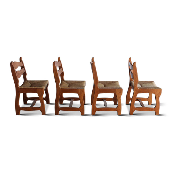 Set of Four Oak and Rush Dining Chairs Attributed to Guillereme et Chambron