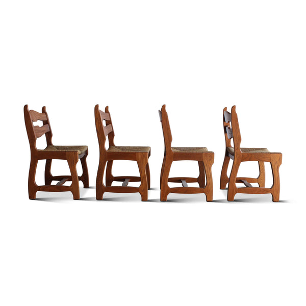 Set of Four Oak and Rush Dining Chairs Attributed to Guillereme et Chambron