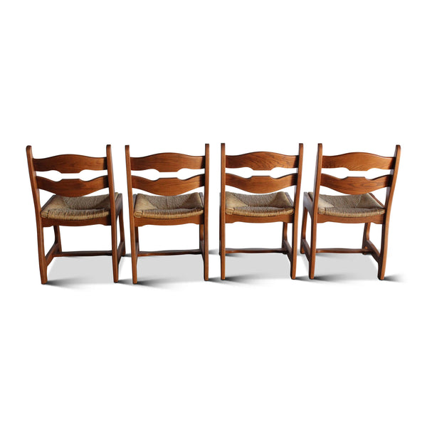 Set of Four Oak and Rush Dining Chairs Attributed to Guillereme et Chambron