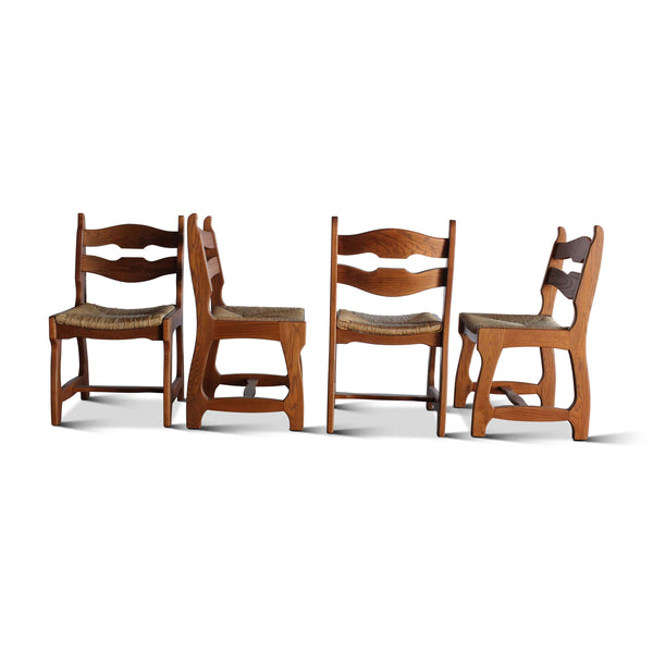 Set of Four Oak and Rush Dining Chairs Attributed to Guillereme et Chambron