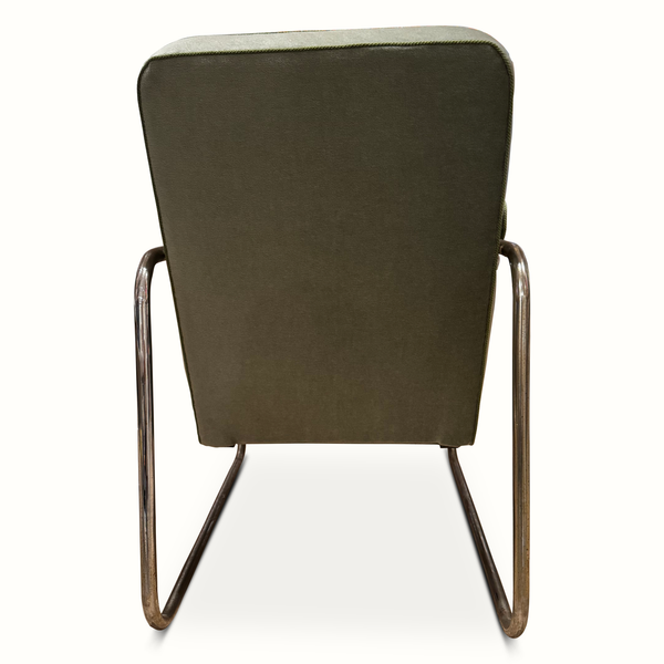 Reclining chair backrest with dark fabric cover and chrome metal legs