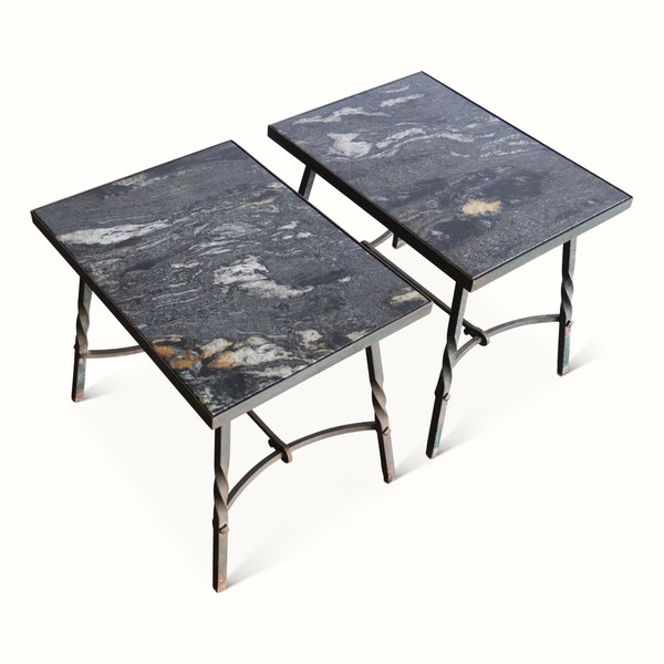 Pair of Forged Iron & Stone Tables