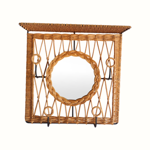French Iron & Wicker Mirrored Coat Rack