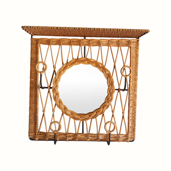 French Iron & Wicker Mirrored Coat Rack