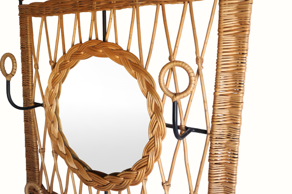 French Iron & Wicker Mirrored Coat Rack