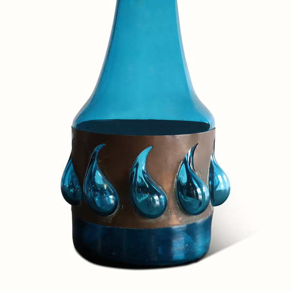 Blue Glass Lamp with Raffia Shade