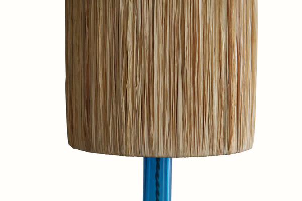Blue Glass Lamp with Raffia Shade