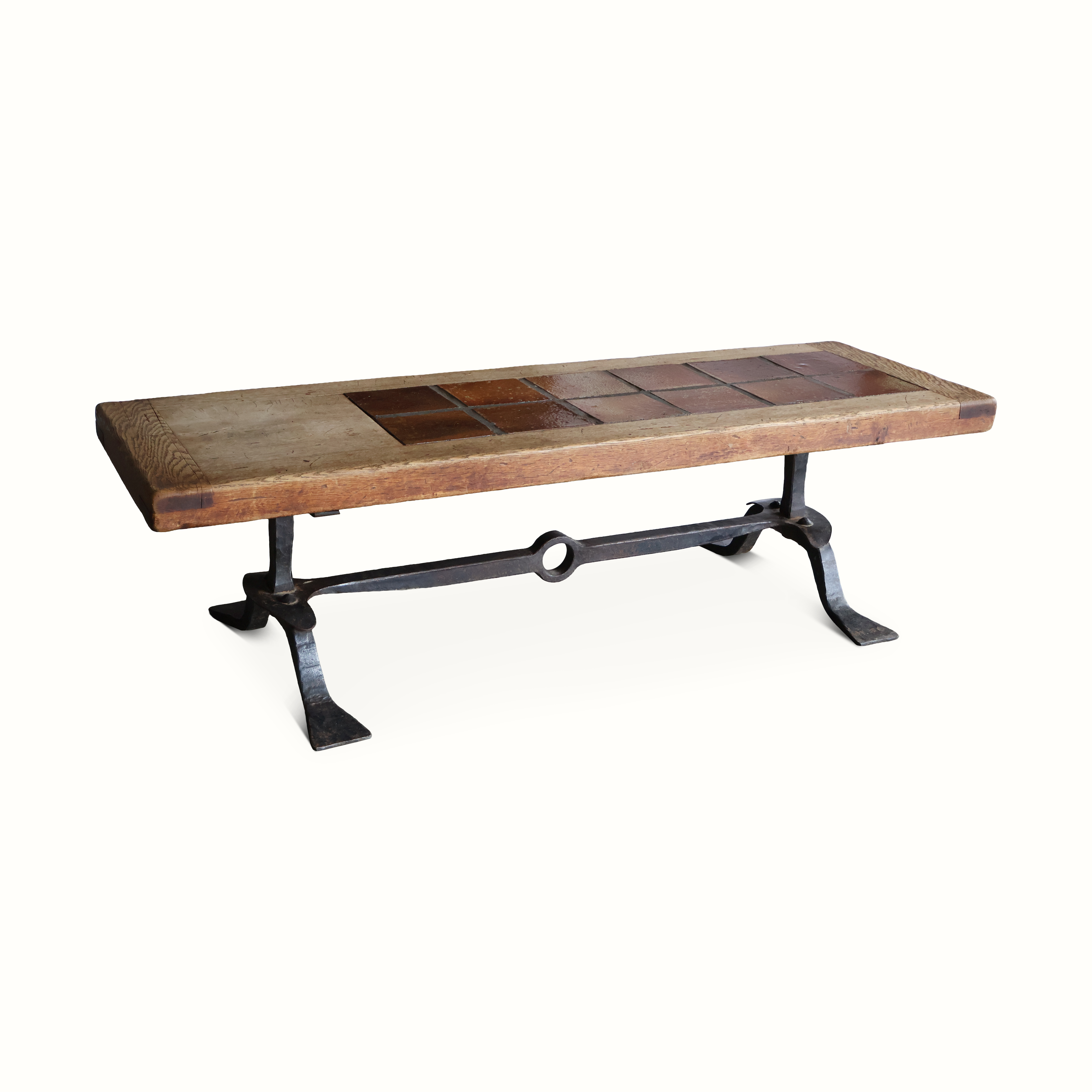 Forged Iron, Oak and Tile Coffee Table