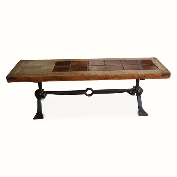 Forged Iron, Oak and Tile Coffee Table
