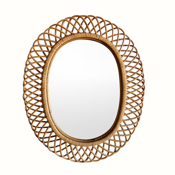 Rattan bamboo oval mirror with woven arched frame in natural finish