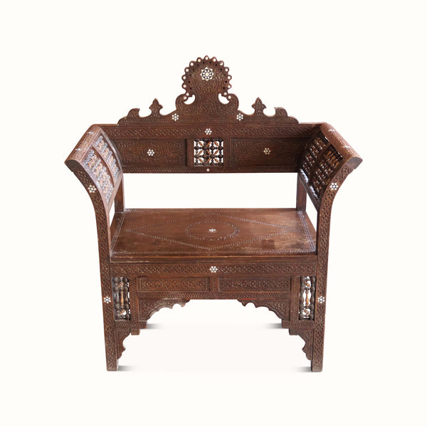 Antique Syrian carved and inlaid bench with openwork back panel and cabriole legs